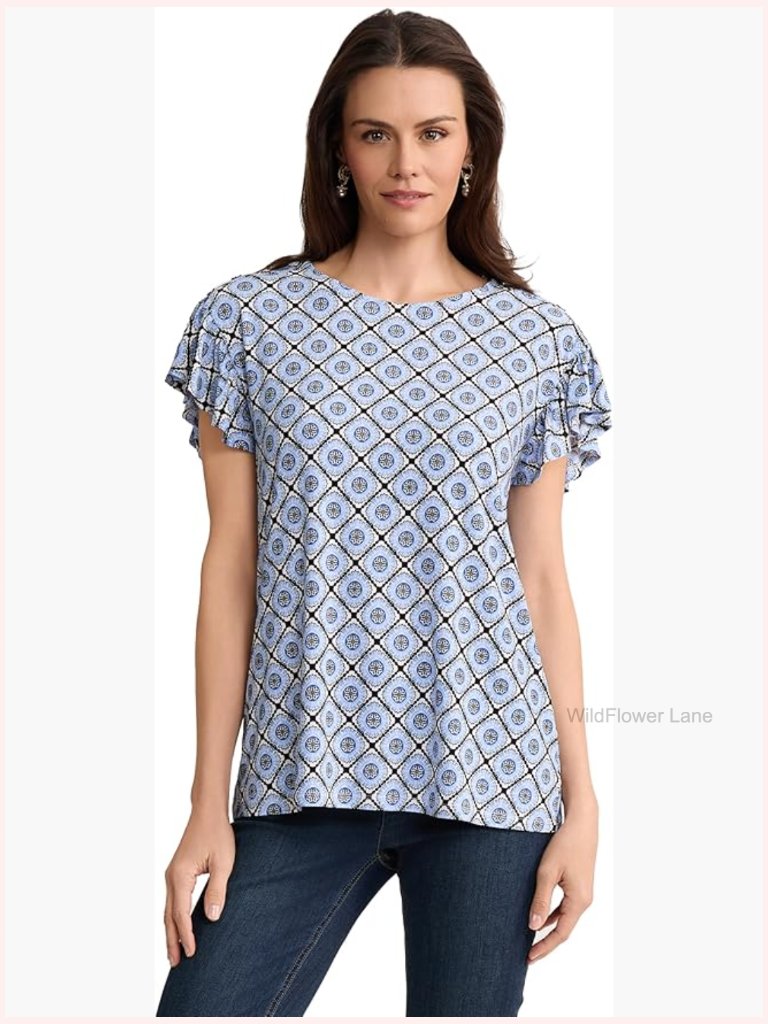 Printed Jersey Knit Flutter Sleeve Top - Crew Neck, Blouse